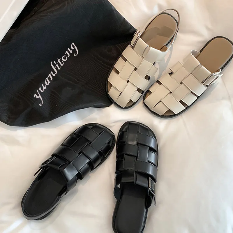 BE73799_0.webp Rome genuine leather slippers hollow weave sandals for women - Image 1